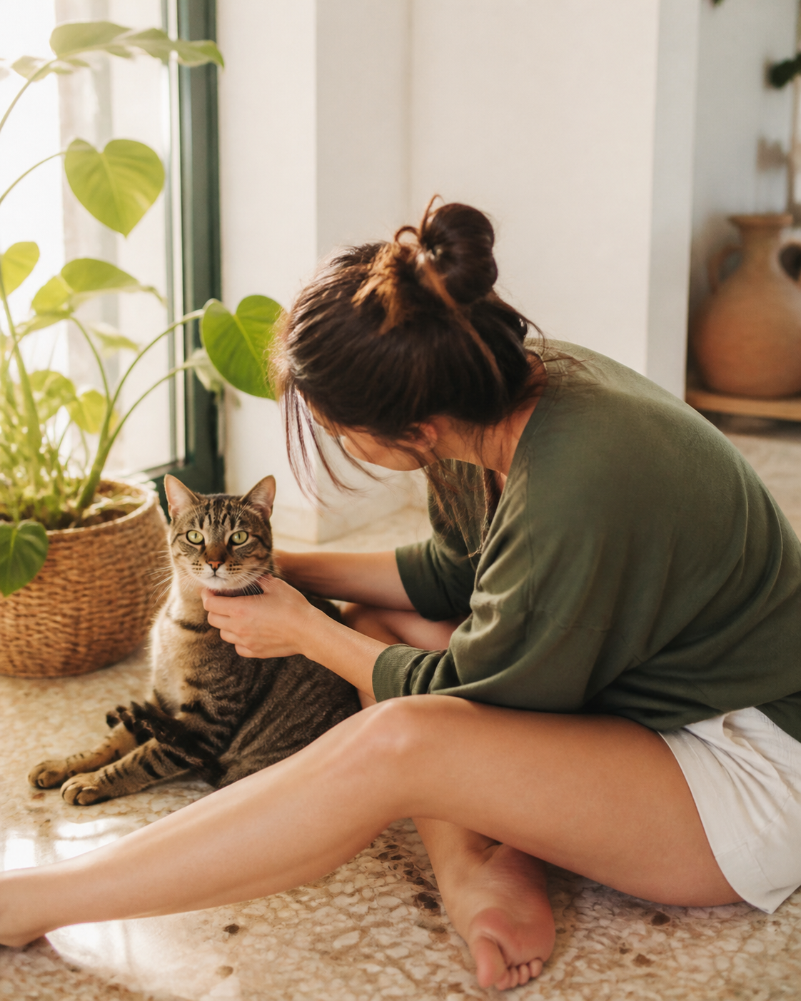 Una chica compartiendo un momento de juego con un gato en casa