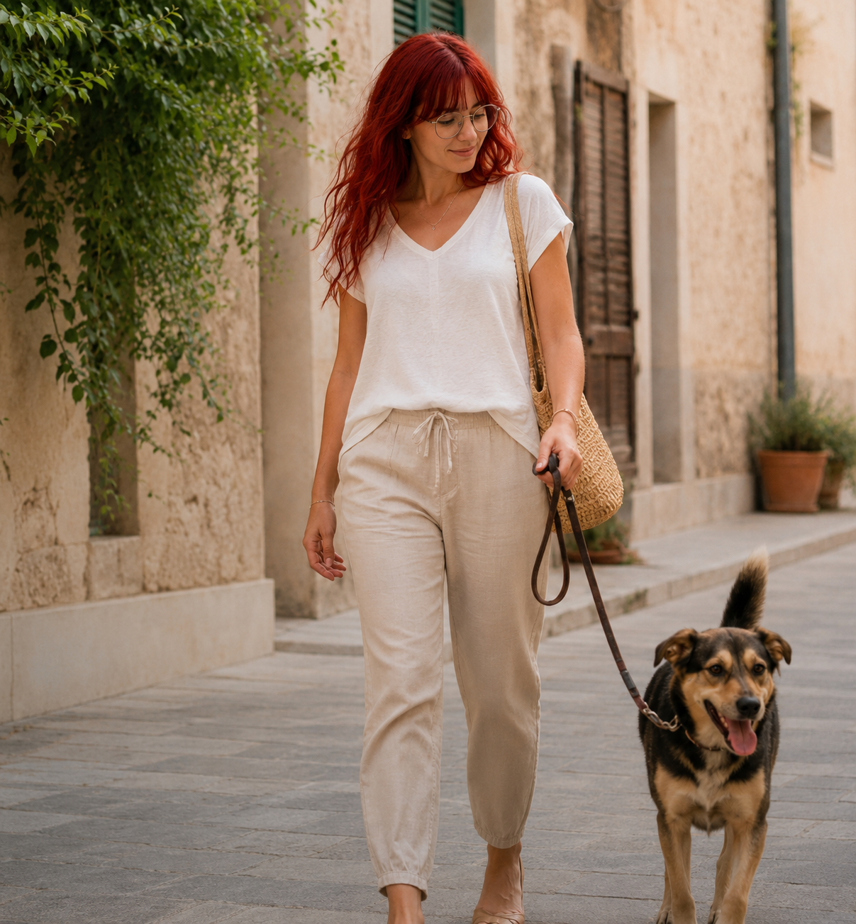 Angélica paseando a un perro por una calle de Palma